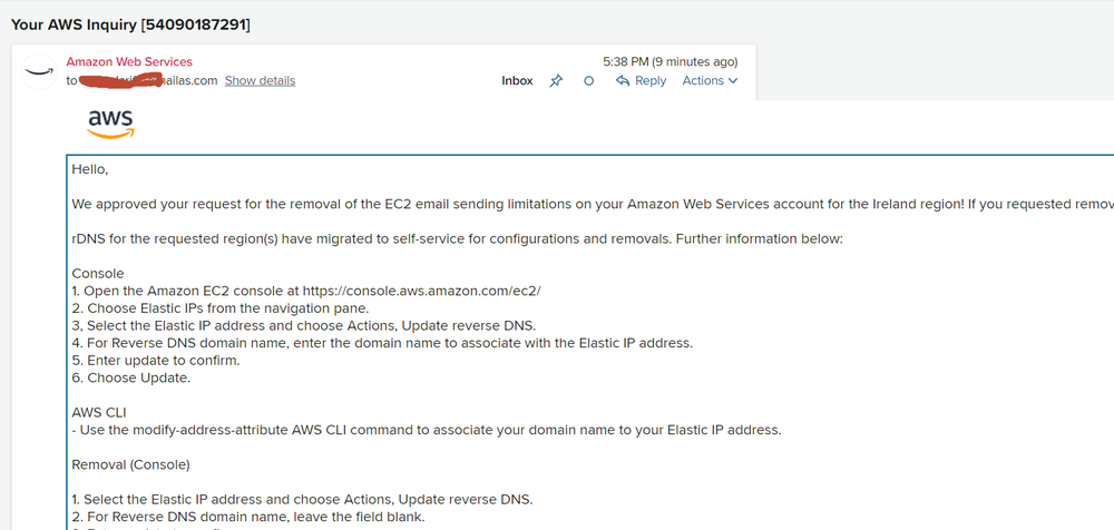 AWS EC2 port 25 approval, Ireland region
