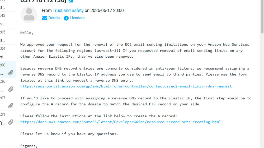 AWS EC2 port 25 email sending limitation removal approval, 2026