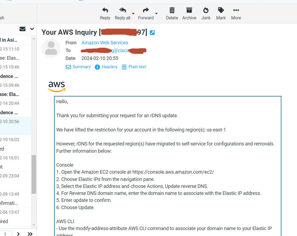 AWS reverse DNS (rDNS) update approval, US East region
