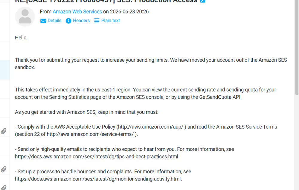 AWS SES Production Access approval email, 2026
